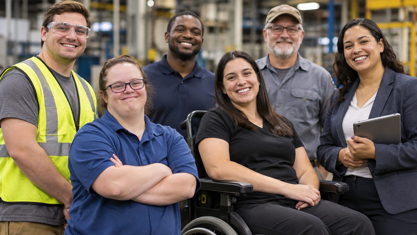 Diverse group of employees, including workers with disabilities, smiling together in a manufacturing workplace, representing inclusive hiring and workforce opportunities.